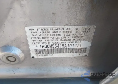 2005 Honda Accord 2.4 Lx from USA, damaged, VIN 1HGCM55415A101271